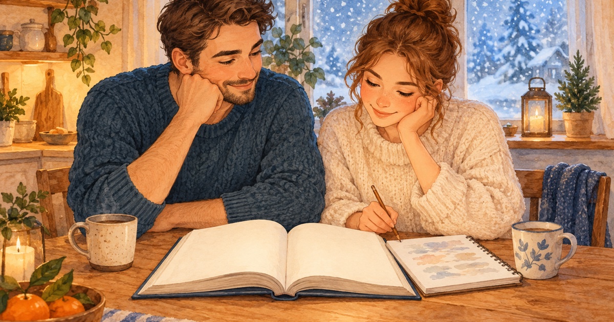 An adult man and woman sit at a kitchen table with an open Estonian textbook and a notebook, snow falling quietly outside the window.